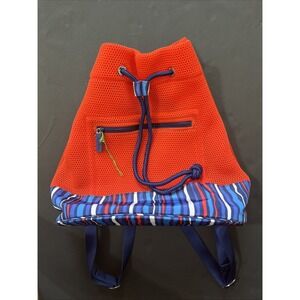 Vera Bradley Mesh Reddish Orange‎ Drawstring  Backpack Cobalt Stripe Beach Vacay